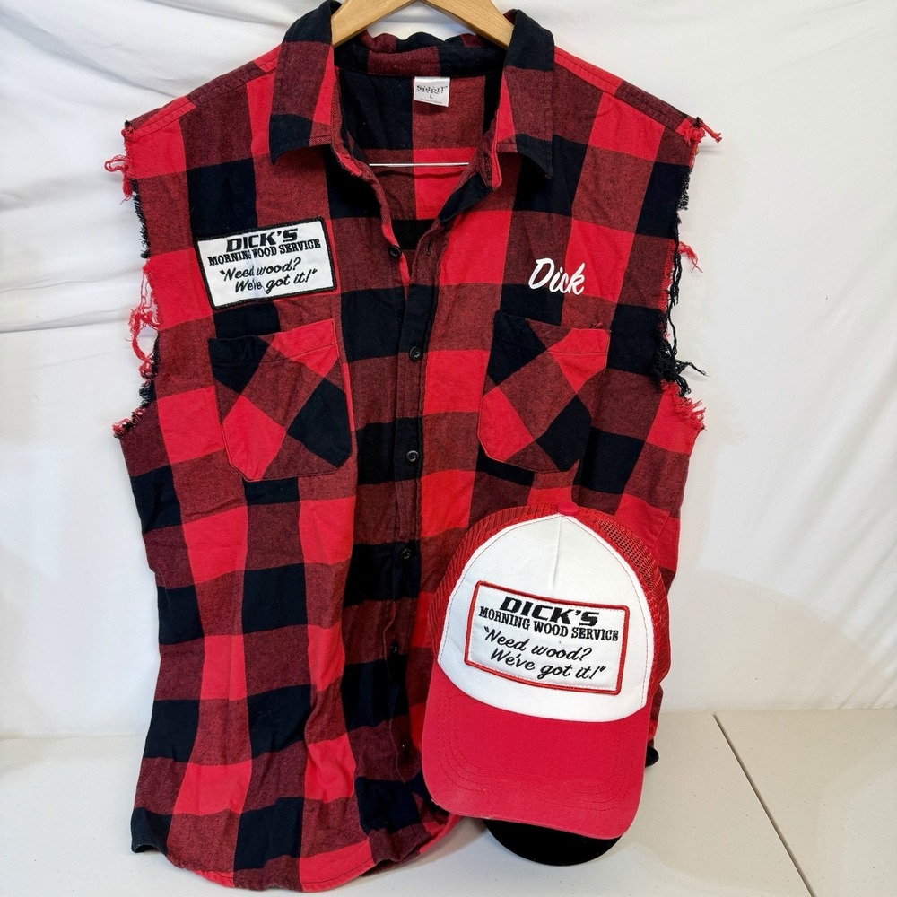 Redneck Halloween Costume Dick's Morning Wood Plaid Shirt Trucker Hat Men L